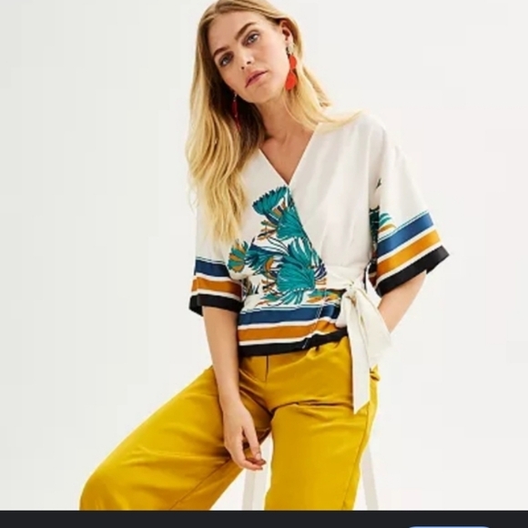 Nine West Dolman Sleeve Flowy Silky Kimono Tie Front Casual Wrap Bohemian Top - Picture 9 of 9